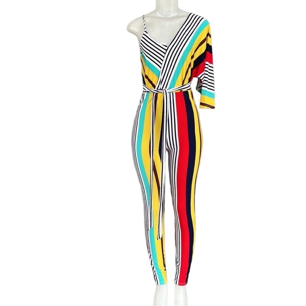 Discovery Clothing Striped Asymmetric Jumpsuit One Shoulder Rainbow Multi S